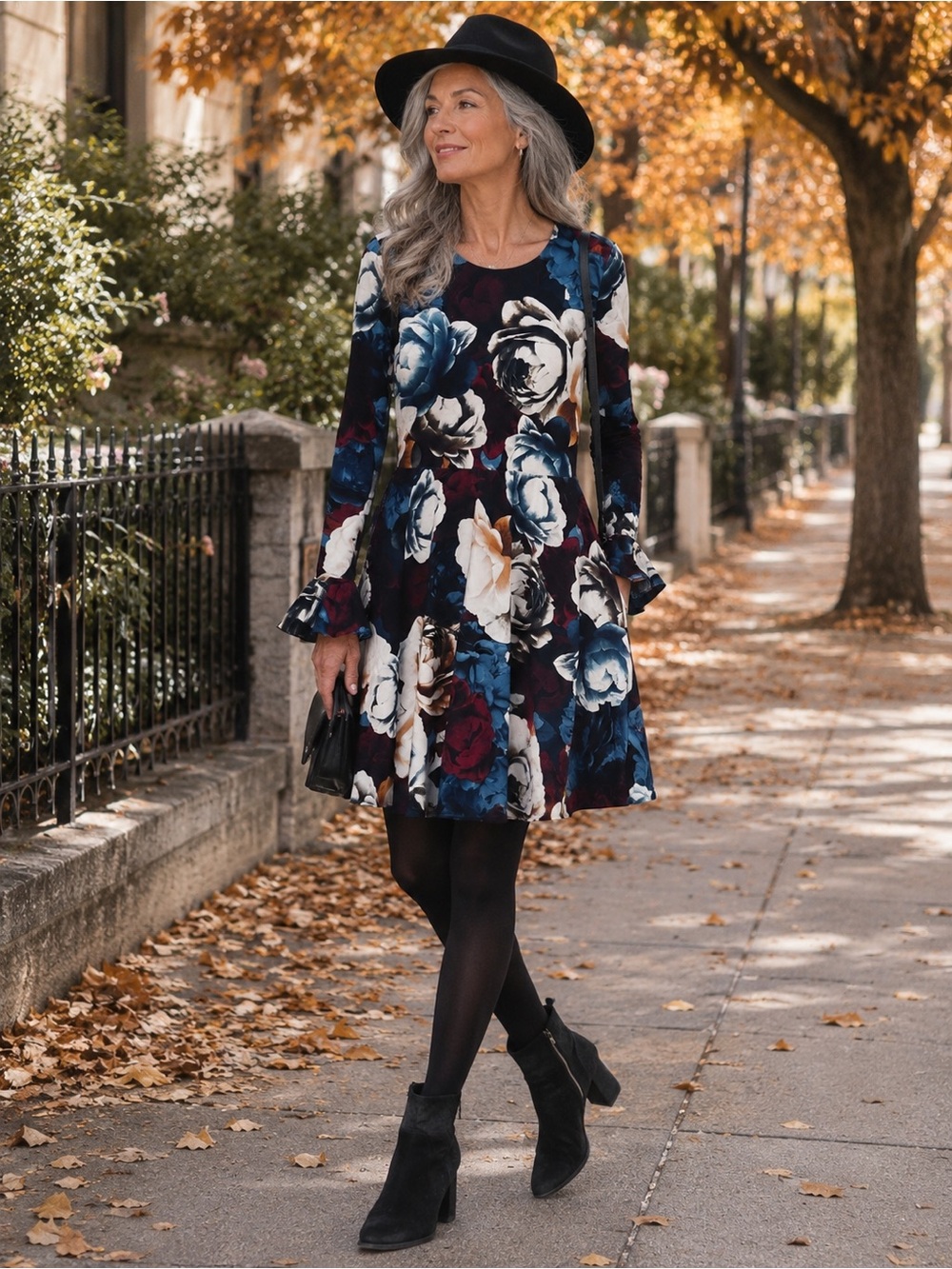 CeCe Navy Floral Long-Sleeve Swing Dress with Burgundy Accents